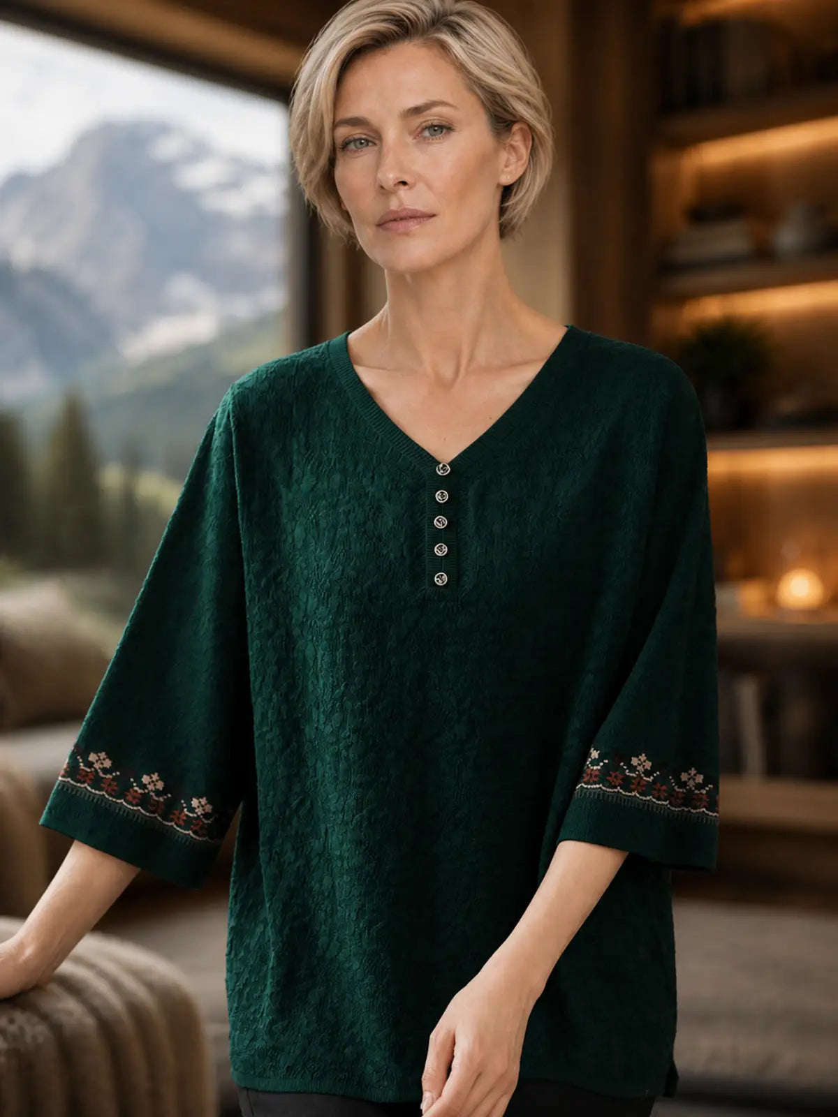 Textured Woven Blouse with Embroidered Cuffs - image 7 view