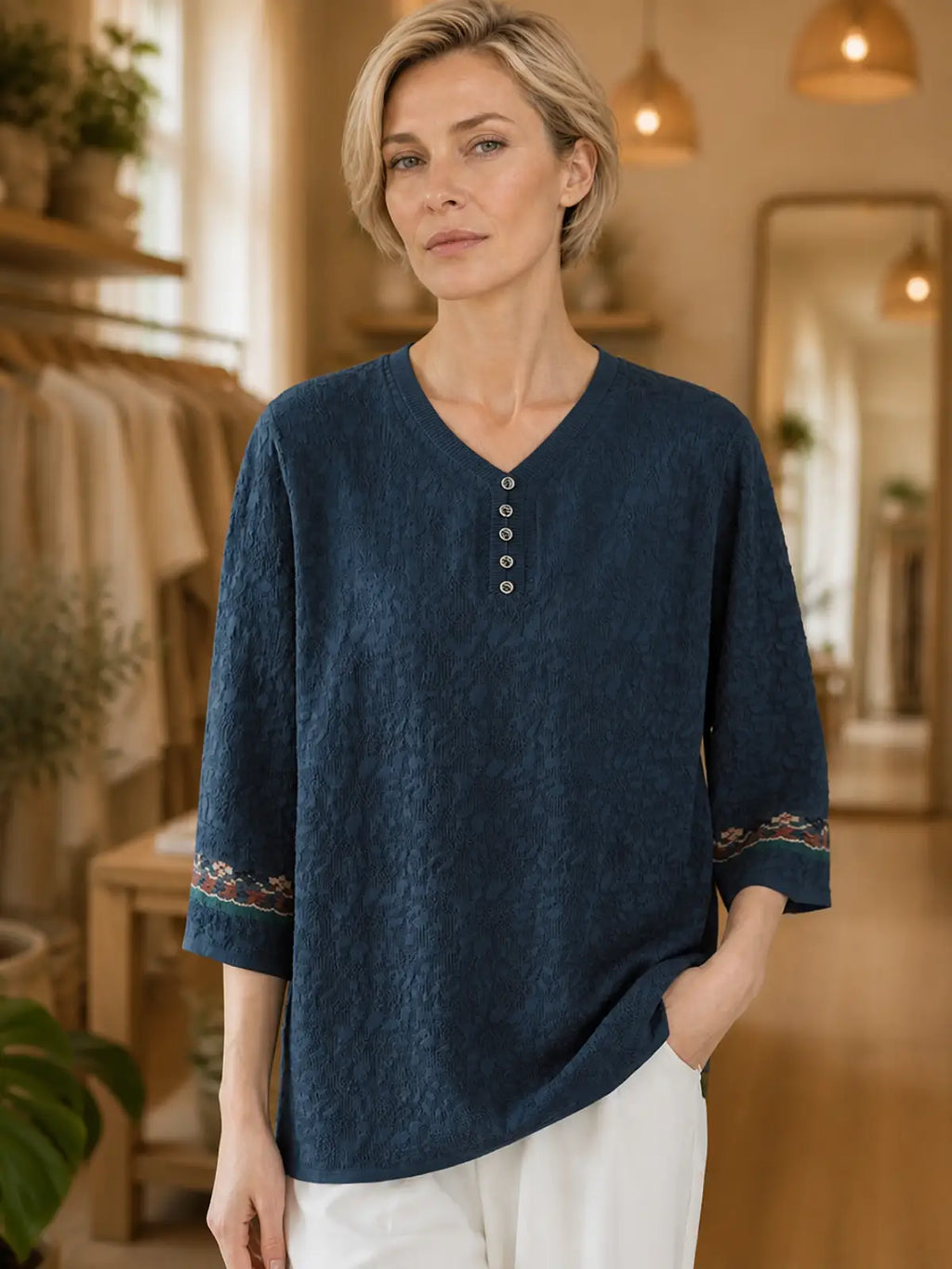 Textured Woven Blouse with Embroidered Cuffs - image 8 view