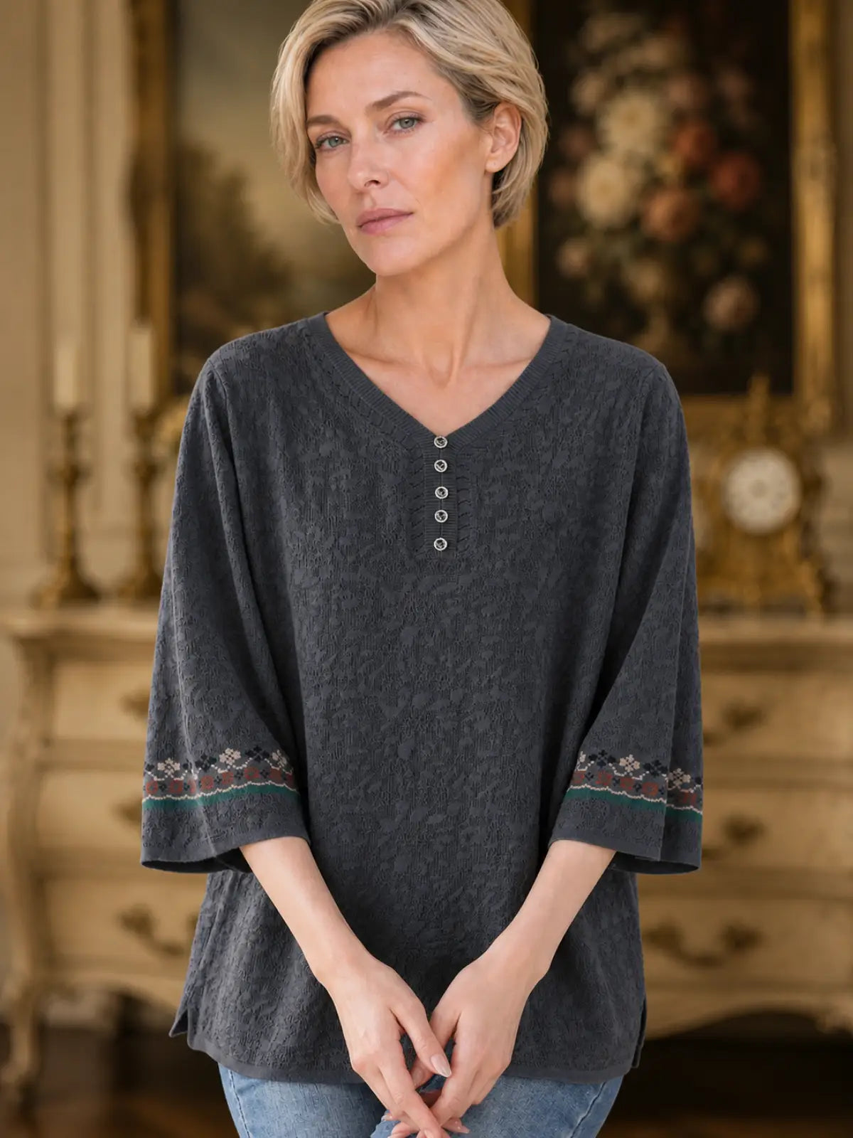 Textured Woven Blouse with Embroidered Cuffs - lifestyle view