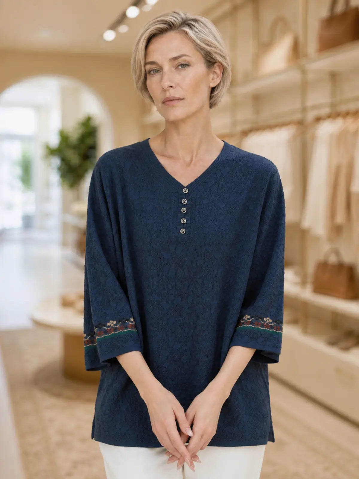 Textured Woven Blouse with Embroidered Cuffs - main model view