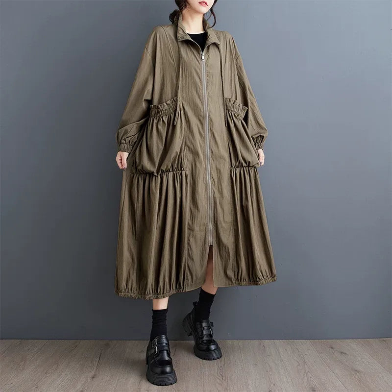 Textured Zip-Front Coat with Stand Collar