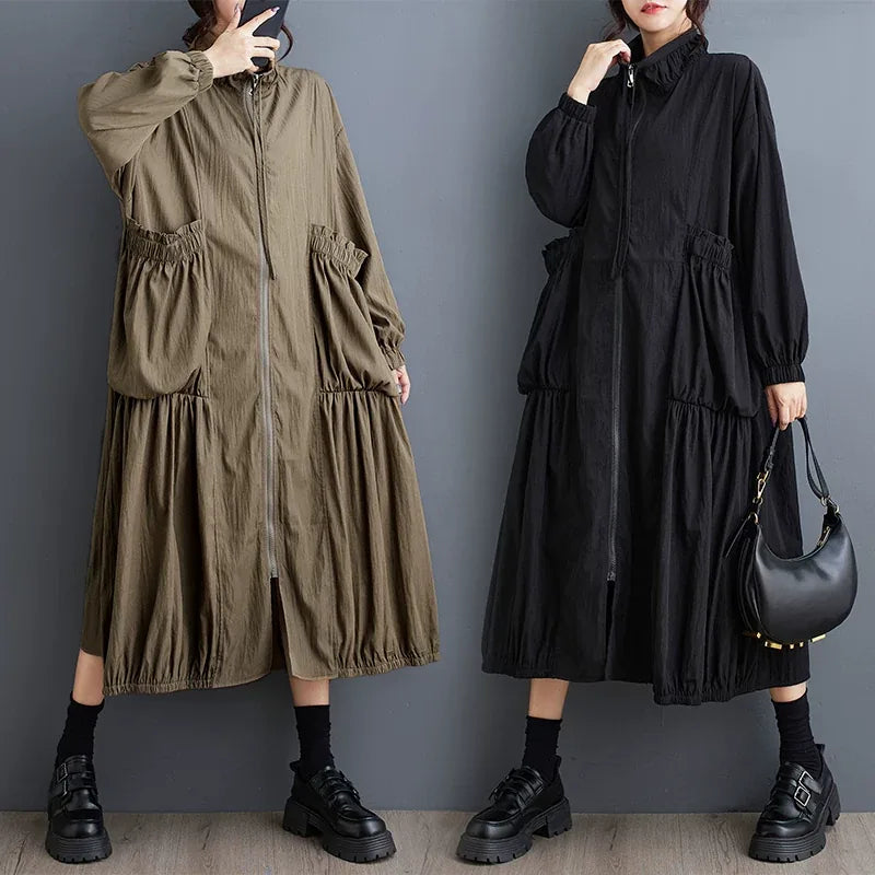Textured Zip-Front Coat with Stand Collar