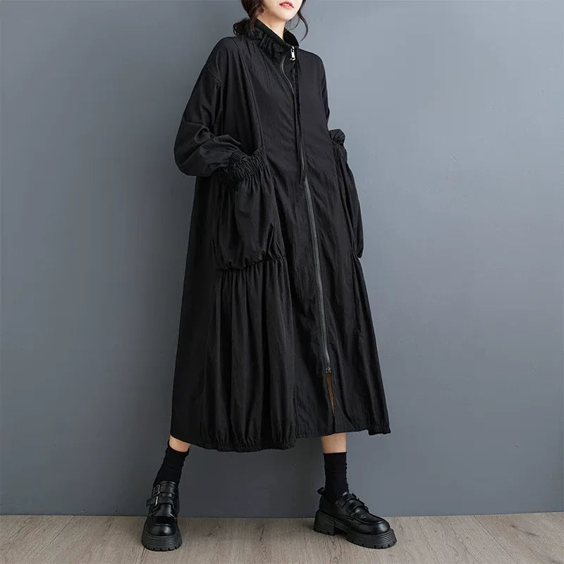 Textured Zip-Front Coat with Stand Collar