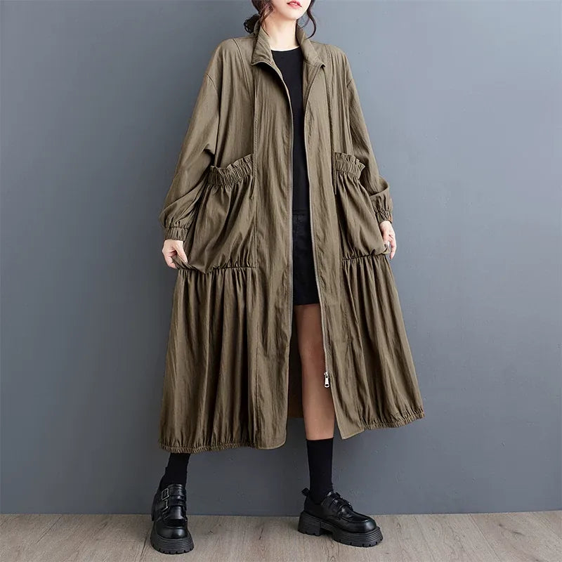 Textured Zip-Front Coat with Stand Collar