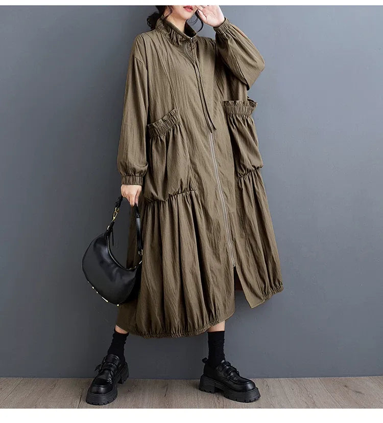 Textured Zip-Front Coat with Stand Collar