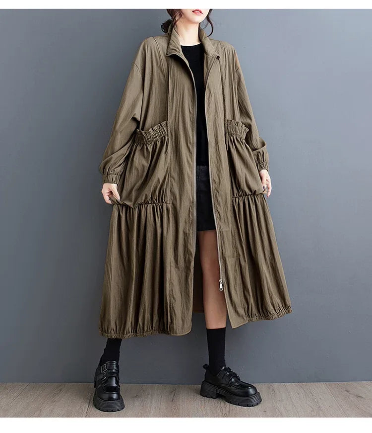 Textured Zip-Front Coat with Stand Collar