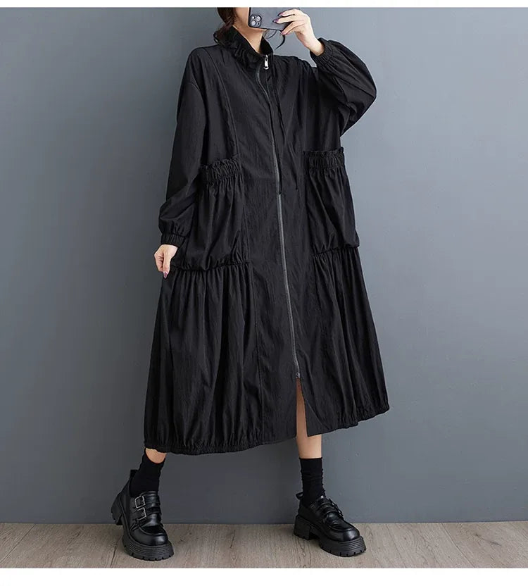 Textured Zip-Front Coat with Stand Collar