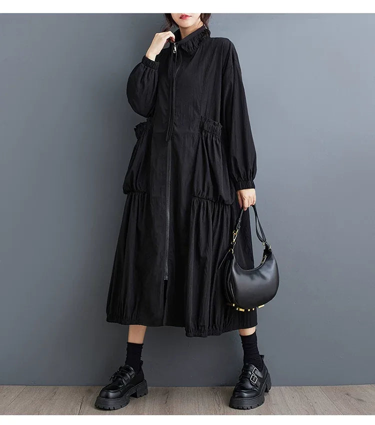Textured Zip-Front Coat with Stand Collar
