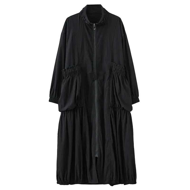 Textured Zip-Front Coat with Stand Collar