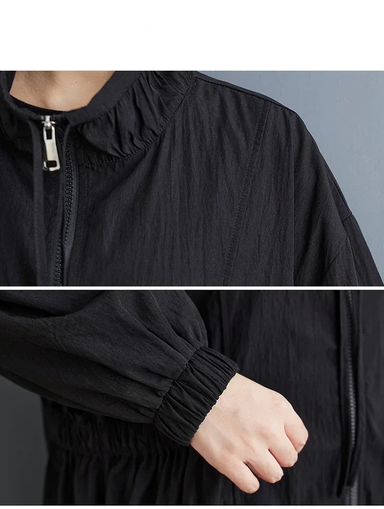 Textured Zip-Front Coat with Stand Collar