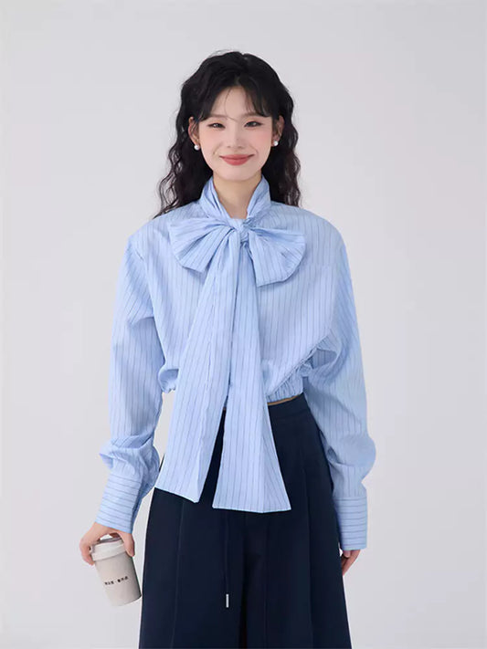 Tie-Front Bow Casual Striped Shirt