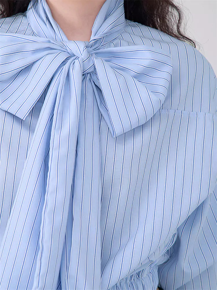 Tie-Front Bow Casual Striped Shirt