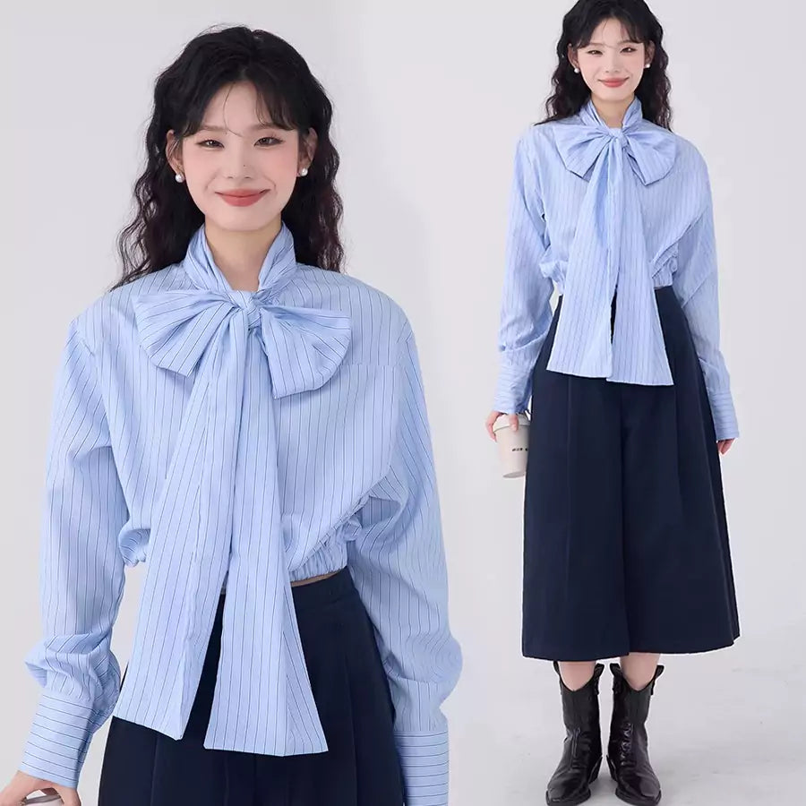 Tie-Front Bow Casual Striped Shirt