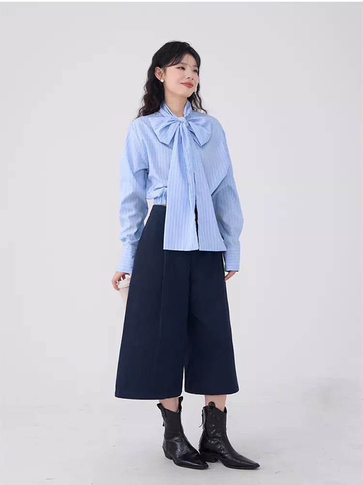 Tie-Front Bow Casual Striped Shirt