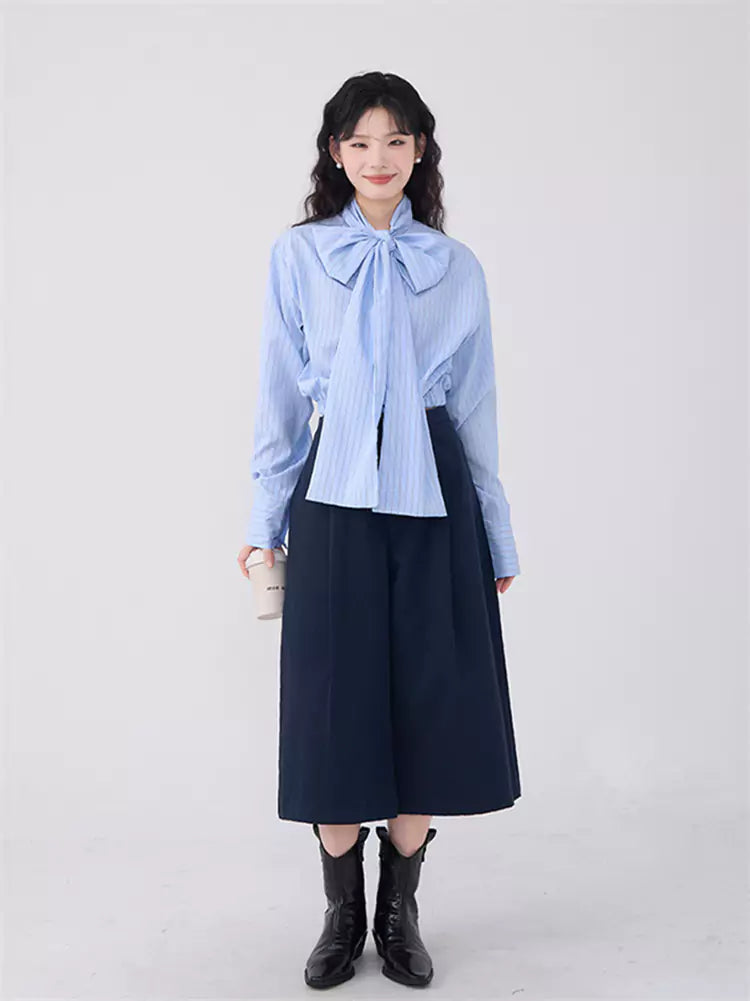 Tie-Front Bow Casual Striped Shirt