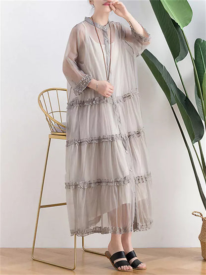 Transparent Grey Ruffled Button Up Long Coat