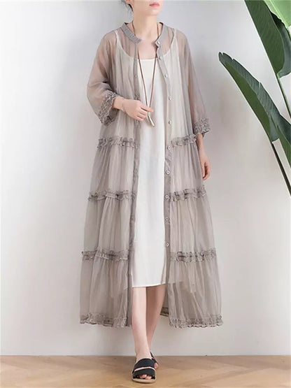 Transparent Grey Ruffled Button Up Long Coat