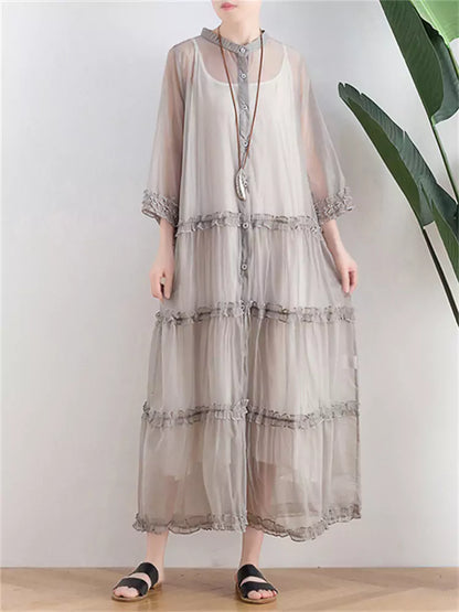 Transparent Grey Ruffled Button Up Long Coat