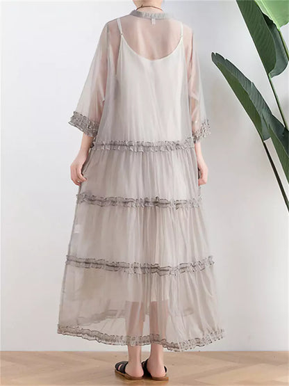 Transparent Grey Ruffled Button Up Long Coat