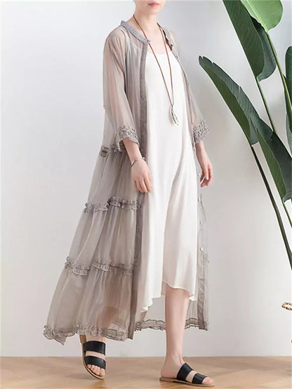 Transparent Grey Ruffled Button Up Long Coat