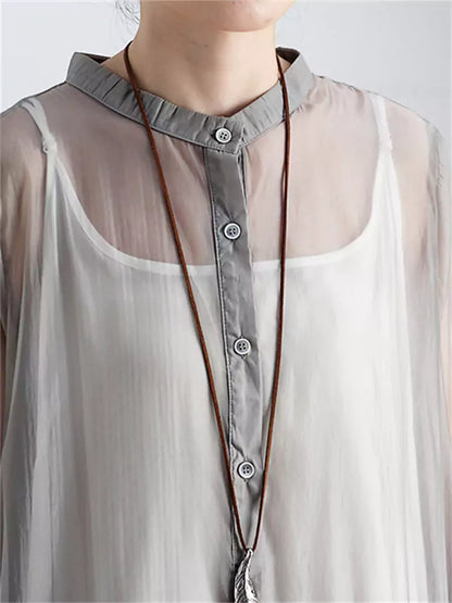 Transparent Grey Ruffled Button Up Long Coat