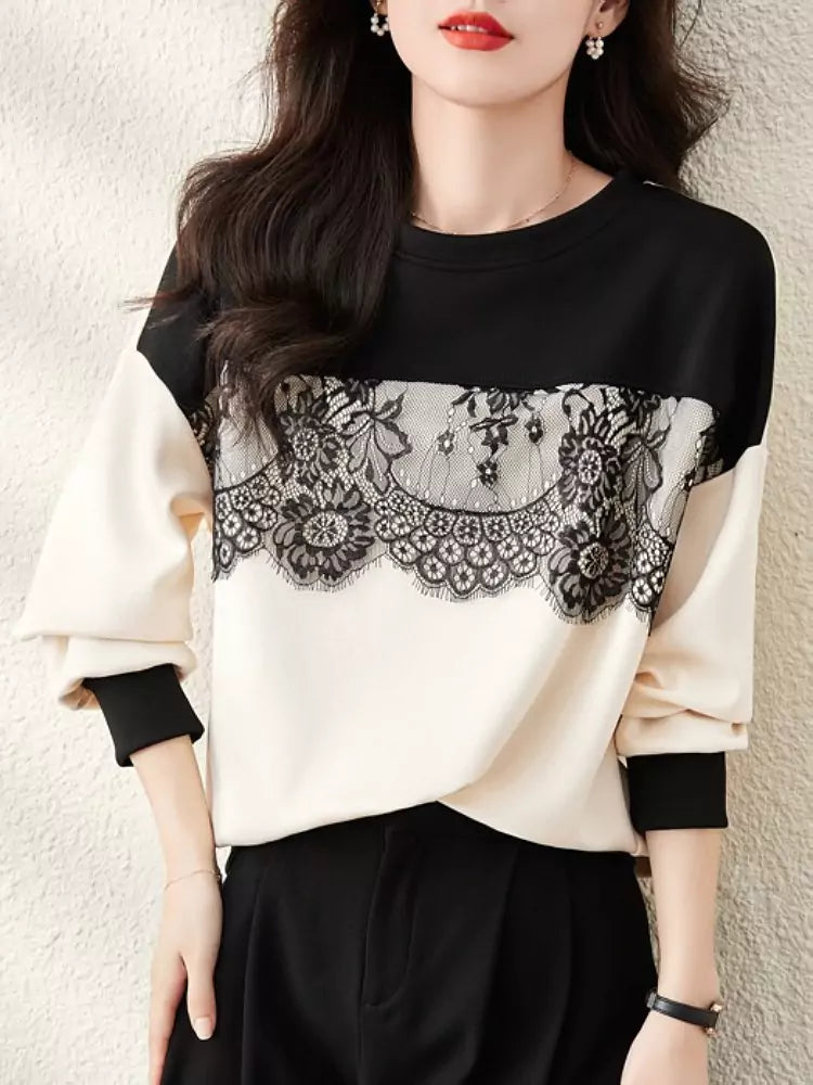 Trendy Lace Panel Sweatshirt with Round Neck and Long Sleeves