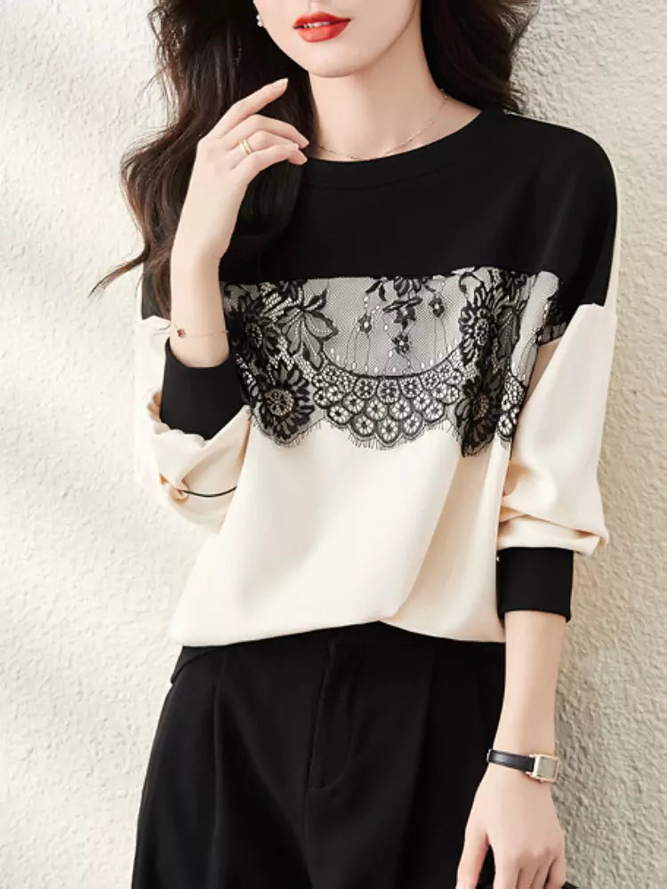 Trendy Lace Panel Sweatshirt with Round Neck and Long Sleeves