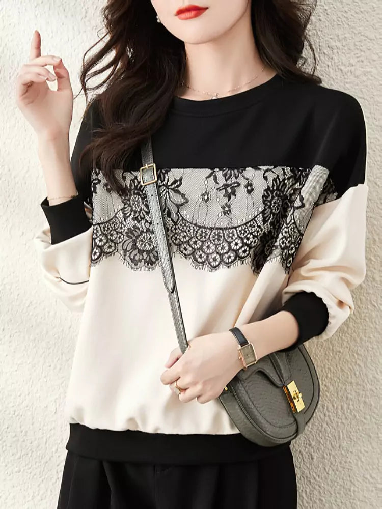 Trendy Lace Panel Sweatshirt with Round Neck and Long Sleeves