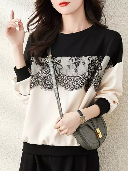 Sudadera moderna con panel de encaje, cuello redondo y mangas largas