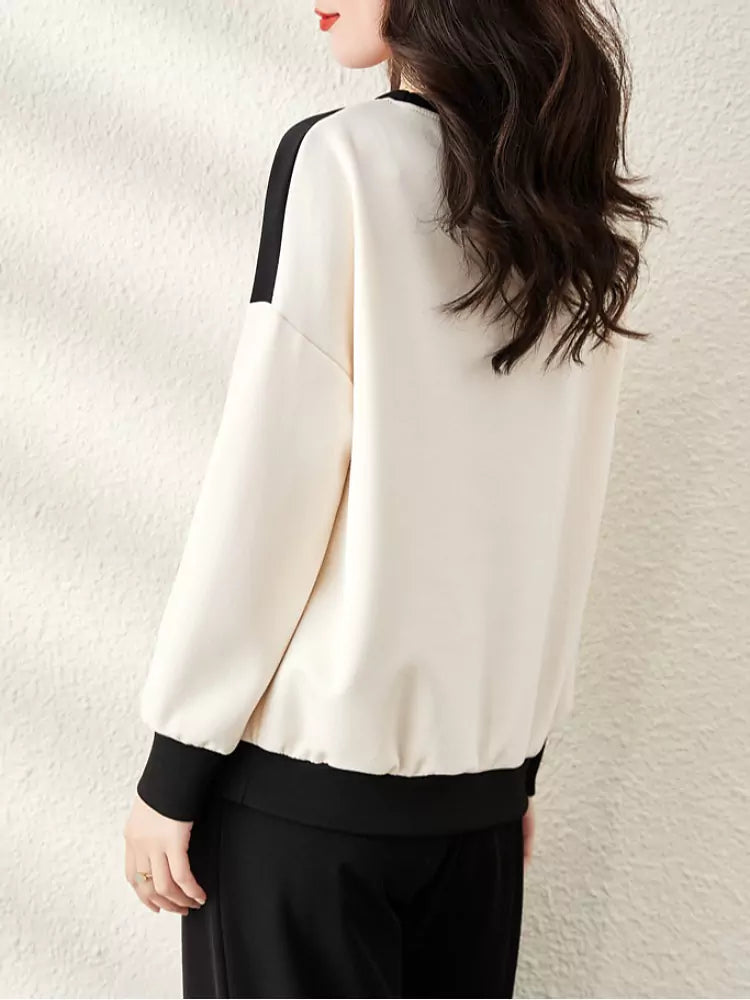 Trendy Lace Panel Sweatshirt with Round Neck and Long Sleeves
