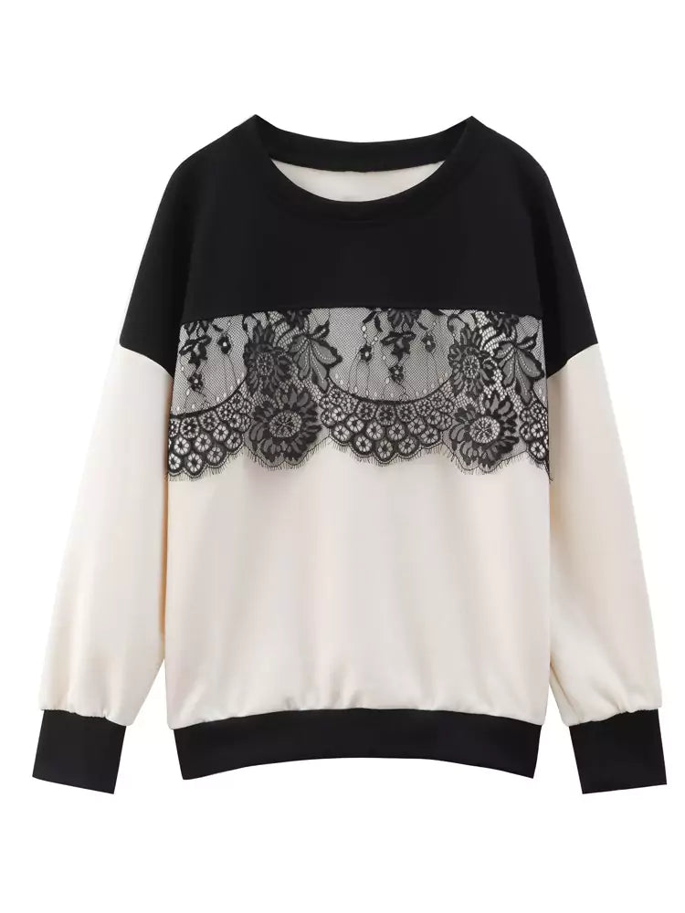 Trendy Lace Panel Sweatshirt with Round Neck and Long Sleeves