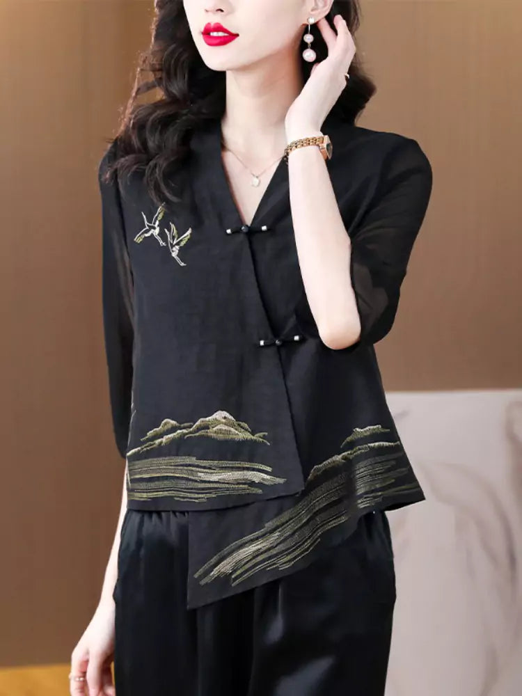 Trendy Short Chinese Style Chiffon Cardigan with Knot Buttons