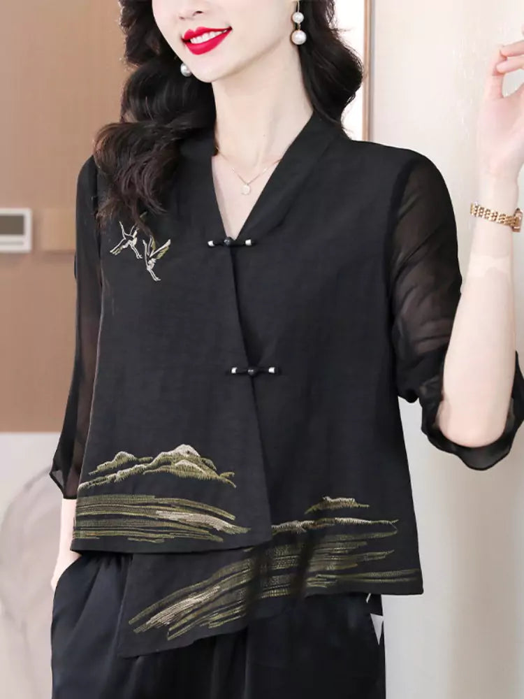 Trendy Short Chinese Style Chiffon Cardigan with Knot Buttons