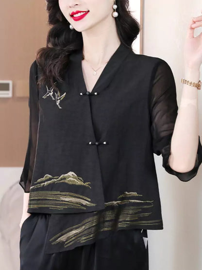 Trendiger, kurzer Chiffon-Cardigan im chinesischen Stil mit Knotenknöpfen