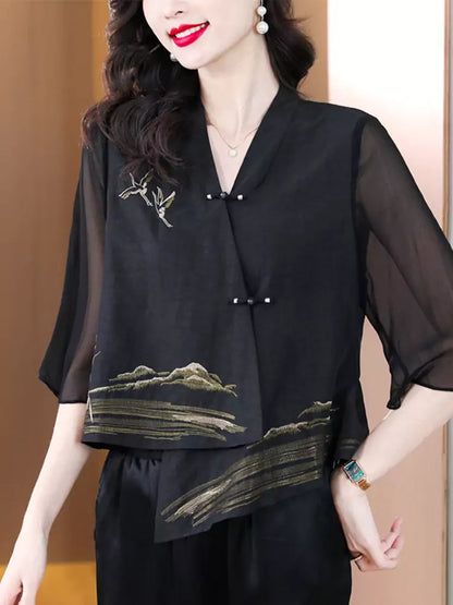 Trendiger, kurzer Chiffon-Cardigan im chinesischen Stil mit Knotenknöpfen