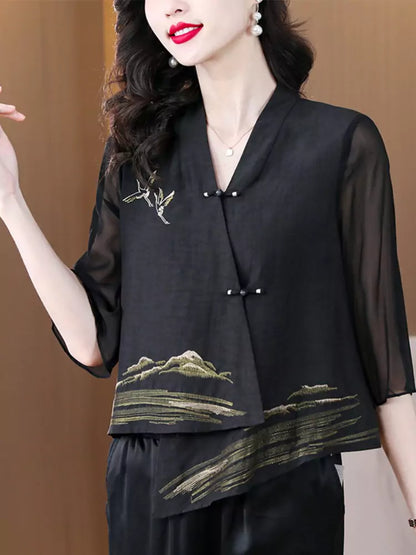 Trendiger, kurzer Chiffon-Cardigan im chinesischen Stil mit Knotenknöpfen