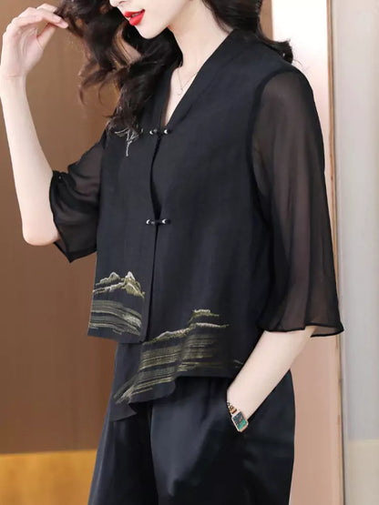 Trendiger, kurzer Chiffon-Cardigan im chinesischen Stil mit Knotenknöpfen