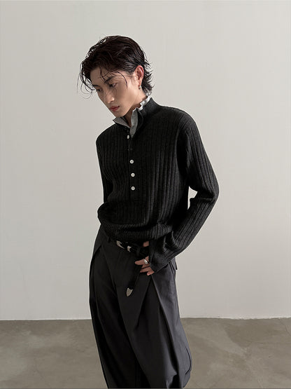 Einzigartiger Colorblock-Strickpullover mit Henley-Ausschnitt und schmaler Passform