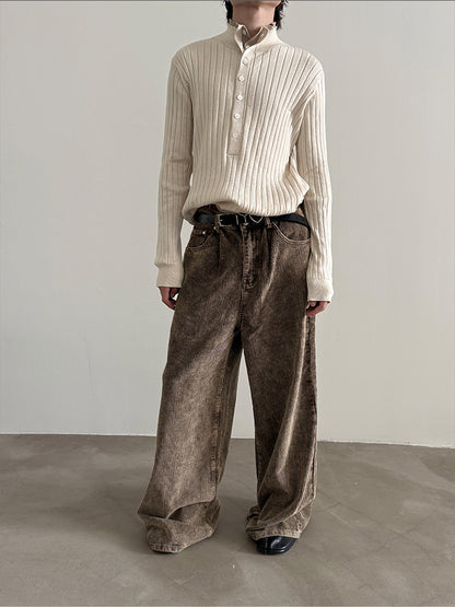 Einzigartiger Colorblock-Strickpullover mit Henley-Ausschnitt und schmaler Passform