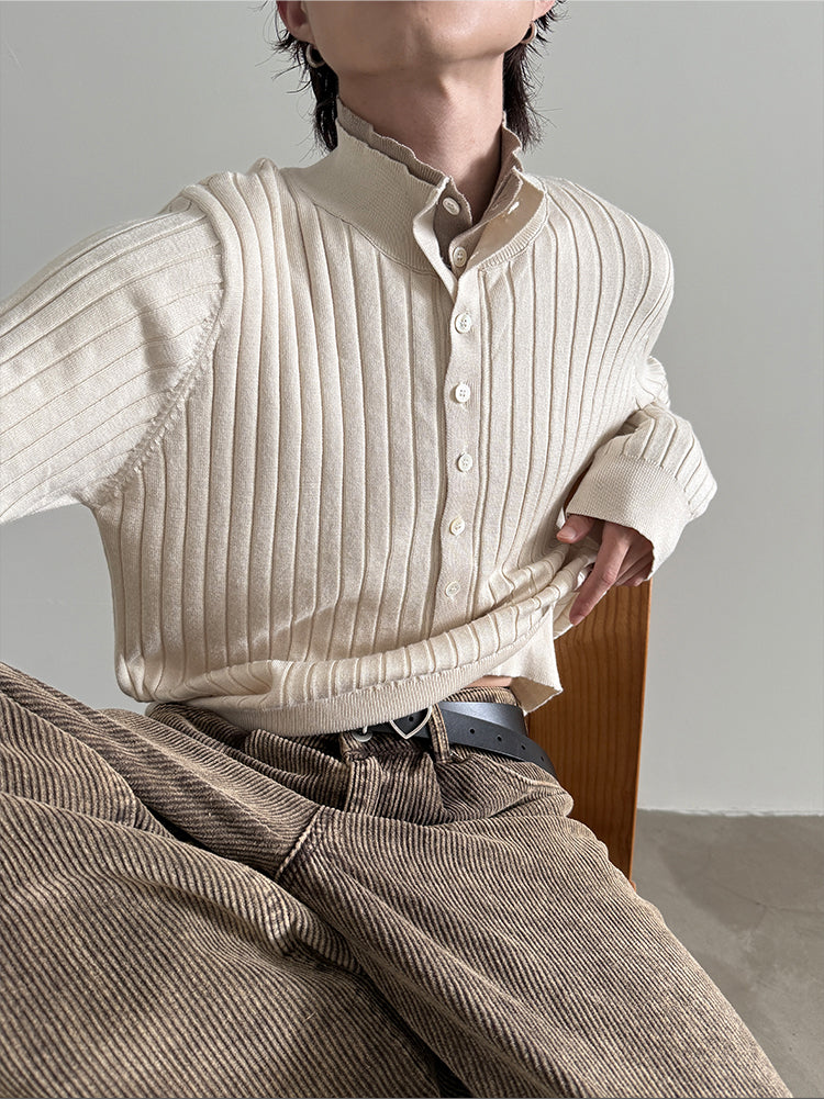 Einzigartiger Colorblock-Strickpullover mit Henley-Ausschnitt und schmaler Passform
