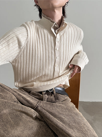 Einzigartiger Colorblock-Strickpullover mit Henley-Ausschnitt und schmaler Passform