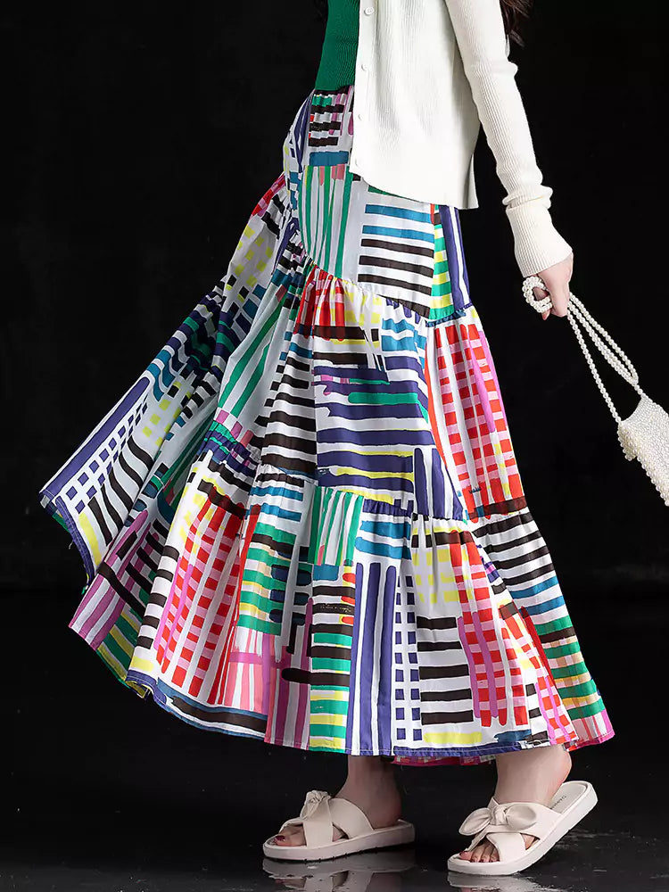 Unique Design Bohemian Statement Color Block Long Skirt