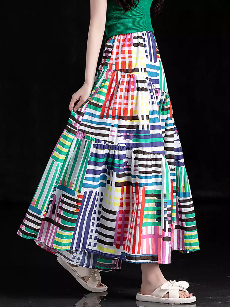 Unique Design Bohemian Statement Color Block Long Skirt