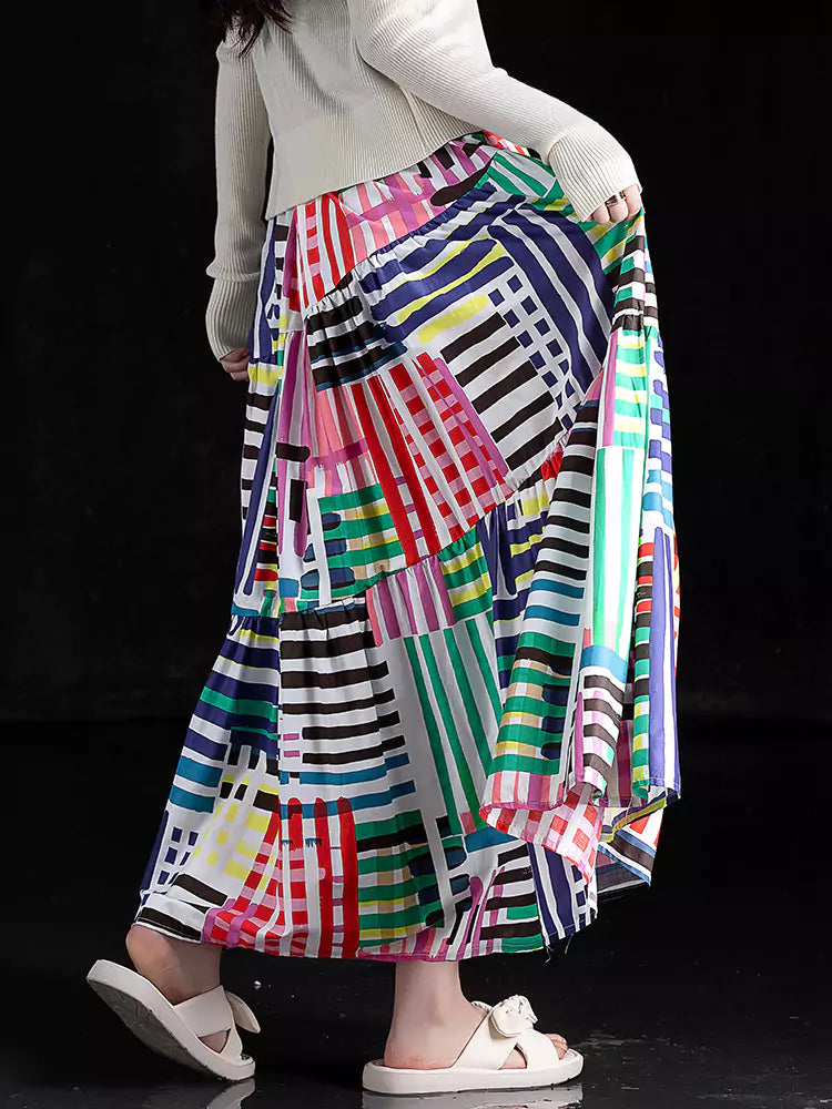 Unique Design Bohemian Statement Color Block Long Skirt