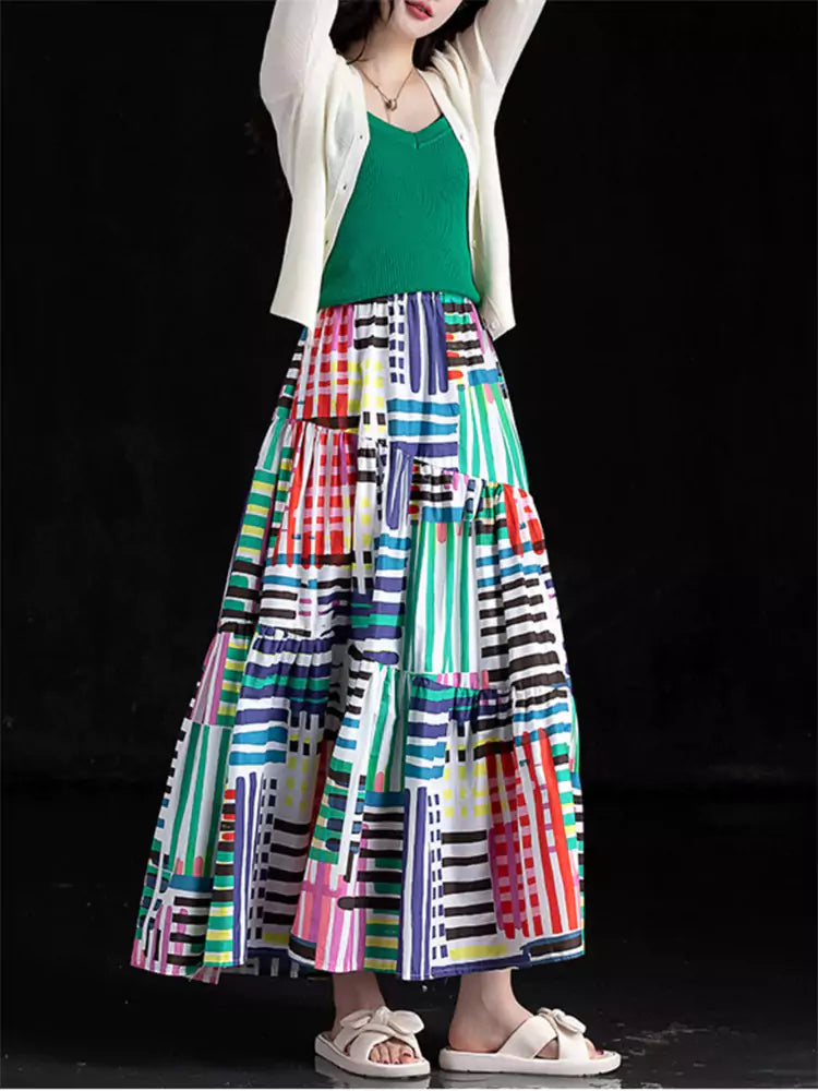 Unique Design Bohemian Statement Color Block Long Skirt