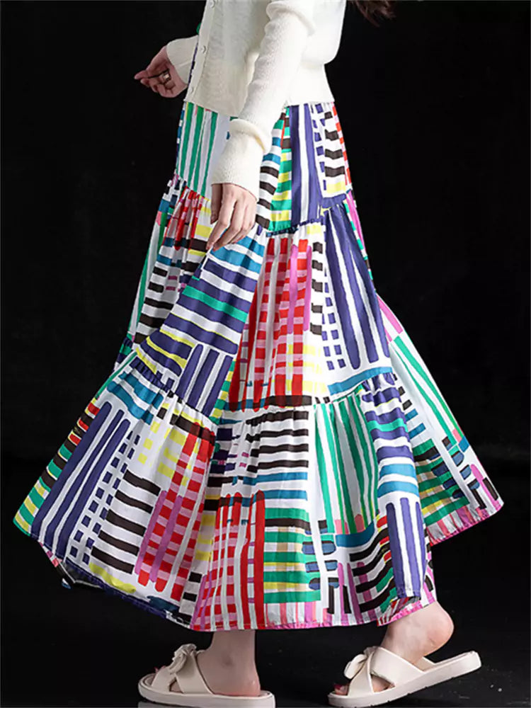 Unique Design Bohemian Statement Color Block Long Skirt