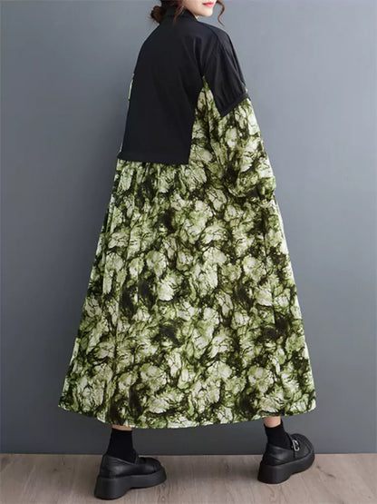 Einzigartiges schwarzes Maxikleid mit Patchwork-Print und künstlerischem Design