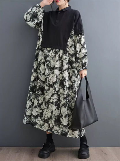 Einzigartiges schwarzes Maxikleid mit Patchwork-Print und künstlerischem Design