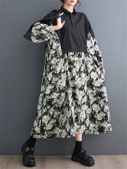 Einzigartiges schwarzes Maxikleid mit Patchwork-Print und künstlerischem Design