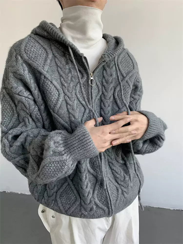 Unisex Cable Knit Hooded Cardigan For Fall/Winter